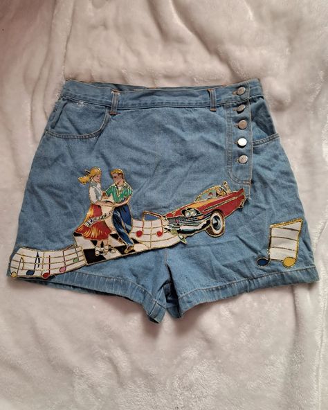 These custom vintage Jean skort/ shorts (tagged "Daily Wear") featuring a unique 1950s sock hop design have been listed in my Poshmark shop. #poshmark #poshmarkseller #vintagefashion #80s #80sfashion #50sfashion #50s #denim #resale 50s Shorts, 60s Shorts, 1950s Sock Hop, Jean Skort, Stranger Things Outfit, 80s Shorts, 50s Women, Sock Hop, Women Shorts