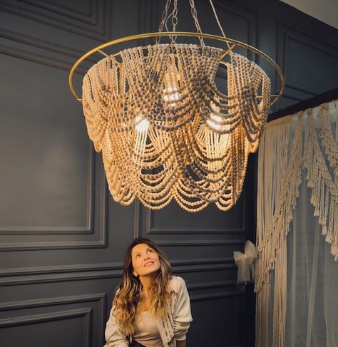 Avustmacrame - Boho Light Macrame Lampshade, Beaded Tassel Chandelier - Etsy Gold Boho Chandelier, Boho Beaded Chandelier, Wooden Beaded Chandelier, Lampshade Macrame, Nursery Lampshade, Chandelier Handmade, Organic Composition, Bohemian Chandelier, Chandelier Boho