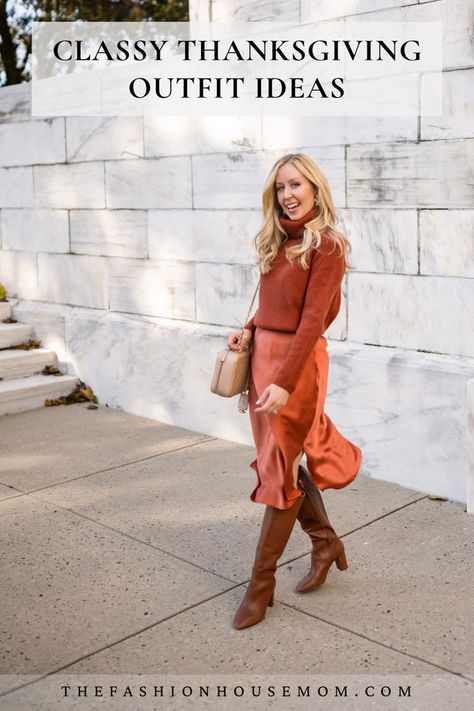 @thefashionhousemom wearing a monochrome slip skirt and sweater outfit with boots. Thanksgiving Outfit Classy, Thanksgiving Dinner Outfit, Casual Thanksgiving Outfits, Matching Top And Skirt, Thanksgiving Outfit Ideas, Thanksgiving Fashion, Neutral Tops, Thanksgiving Outfits, Slim Fit Sweater