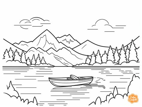 illustration of Colorful lakeside moments Scenery Coloring Pages Nature, Simple Landscape Coloring Pages, Lake Drawings Easy, Lake Coloring Pages, Summer Colouring Pages, Lake Sketch, Scenery Coloring Pages, Drawing Calendar, Lake Drawing