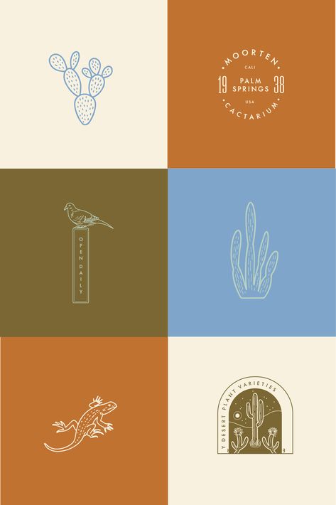 Vintage logo design featuring a cactus, sunburst, and mountains in an earthy color