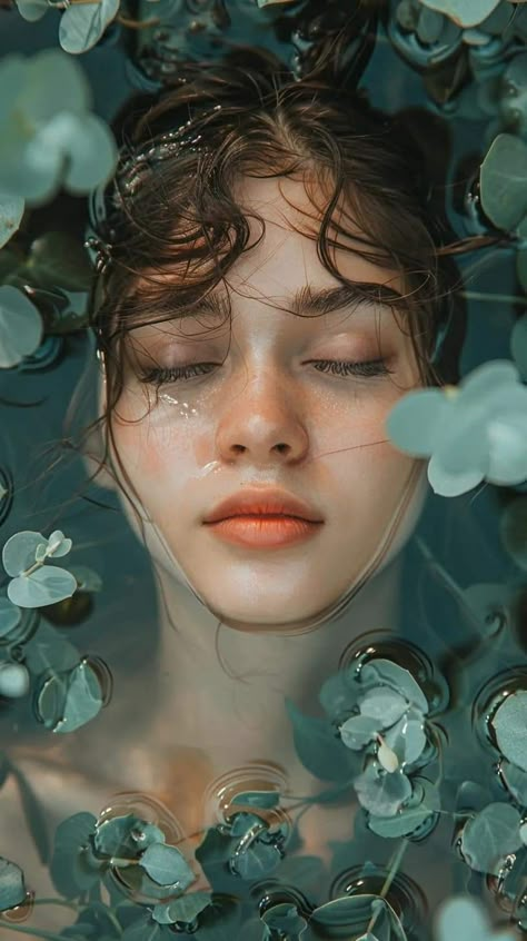 Rainbow Skin Drawing, Woman Lying In Water, Face In Water Reference, Hair Under Water Drawing Reference, Woman In Water Reference, Vintage Reference Photos, Woman Curled Up, Art Inspo Photography, Girl In Water Reference