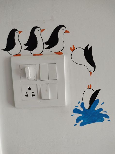 Penguin Switch Board Art, Study Room Wall Painting Ideas, Painting On Switch Board, Switch Board Art Ideas Room Decor, Creative Switch Board Art, Wall Drawing Ideas Bedroom, Switchboard Painting Ideas, Switch Board Art Ideas, Switchboard Painting