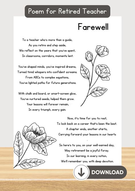 This Digital Drawings & Illustrations item by NonzDesigns has 5 favorites from Etsy shoppers. Ships from United States. Listed on May 23, 2024 Retirement Poems For Teachers, Teacher Retirement Quotes, Retirement Poems, Retirement Messages, Teacher Poems, Teacher Wall, Teacher Career, Farewell Message, Farewell Quotes