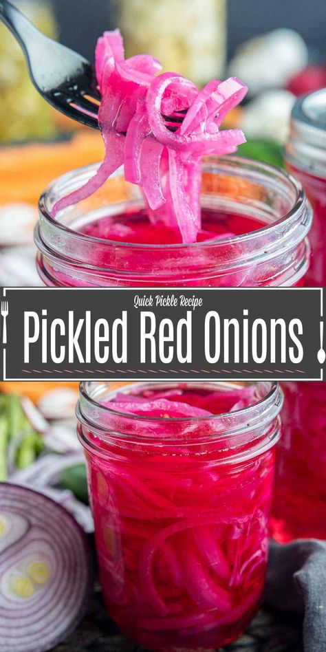 This easy quick pickled red onion recipe is a delicious way to add a little extra flavor to any dish with just 5 simple ingredients. These easy pickled red onions are a great addition to tacos, sandwiches, burgers....just about anything! The vinegar and sugar gives them a tangy flavor that you're going to love. Learn how to quick pickle vegetables with almost no effort and have pickled onions in your refrigerator any time you want them! Pickled Red Onion Recipe, Picked Red Onions, Pickle Onions Recipe, Pickled Red Onion, Pickled Cauliflower, Red Onion Recipes, Quick Pickled Red Onions, Pickled Onion, Quick Pickled Onions