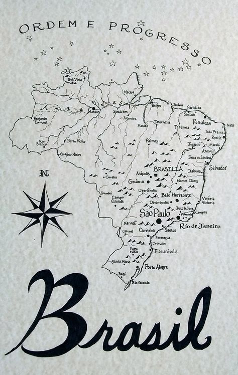 Hand drawn map of Brazil and its 27 stars. 11x17 print on aged parchment paper. Brazil Coloring Pages, Brazil Sketch, Brazil Infographic, Brazil Map Outline, Brazil Drawing, Brazil Wallpaper, Map Of Brazil, Brazil Landmarks, Happy Frames