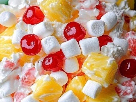 Junk Yard Salad Surprise: The Ultimate Sweet Treat You Can't Miss! - NewsBreak Best Bbq Food, Recipes For Hot Days, Salad For A Crowd, Yogurt Fruit Dip, Fluff Salads, Fruit Salad With Marshmallows, Fluff Salad Recipes, Cream Cheese Fruit Dip, Ambrosia Fruit Salad