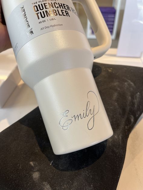 Custom engraved name Stanley cups at brand activation. Laser Engraved Water Bottle, Stanley Engraving Ideas, Engraved Stanley Cups, Stanley Design, Kitchenware Ideas, Engraved Water Bottles, Bookmarks Diy, Handmade Bookmarks Diy, Brand Activation