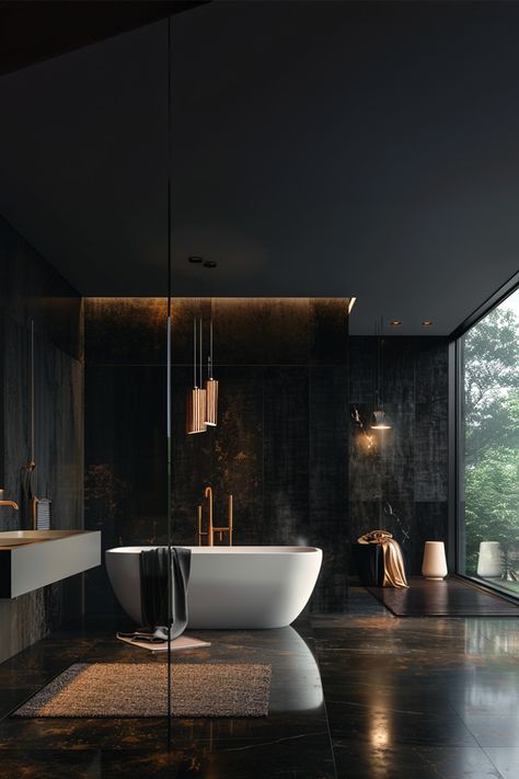 Mystic Elegance • Dramatic shadows mingle with the soft glow of pendant lights in this luxe bathroom • A minimalist white tub stands boldly against the dark marble backdrop • Copper accents from sleek fixtures to pendant lighting add a warm, metallic contrast • The glass wall reveals a serene forest view, blurring the lines between indoors and out • A textured rug on glossy tiles promises a tactile indulgence • A sanctuary of style, where modern design meets nature's tranquility. Black And Copper Bathroom, Modern Bathroom Black, Black Color Scheme, Glossy Tiles, Marble Backdrop, Moody Bathroom, Luxe Bathroom, Black And Gold Bathroom, Dark Marble