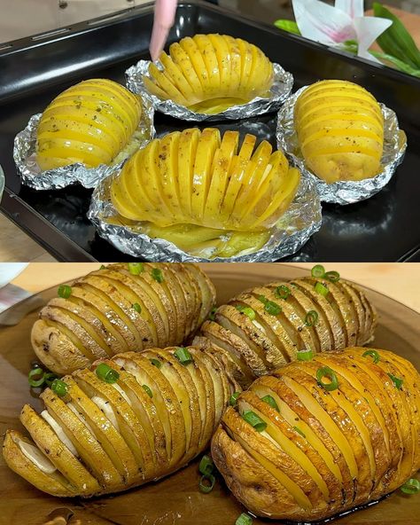 Garlic and Herb Baked Potatoes - Greenku Recipes Cooking Fried Chicken, Cooking Baked Potatoes, Baked Potato Recipes, Baked Pork, Grandmas Recipes, Baked Potatoes, Cuisine Recipes, Delicious Dinner Recipes, Perfect Side Dish