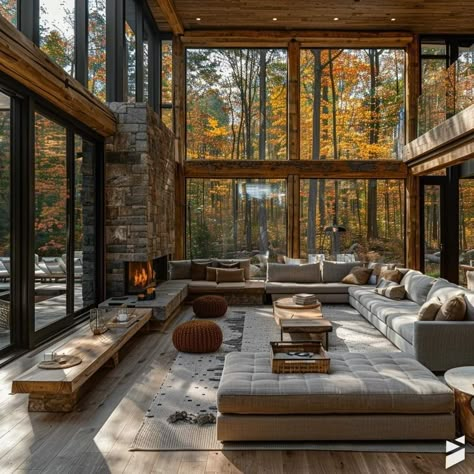 Barndominium Modern Interior, Large A Frame House Interior, Pacific Northwest Style Home Interiors, Modern Forest House Interiors, Homes With Lots Of Windows, Mountain Side Homes, Mountain House Interior Design, Mountain House Modern, Mountain Modern Home Interiors