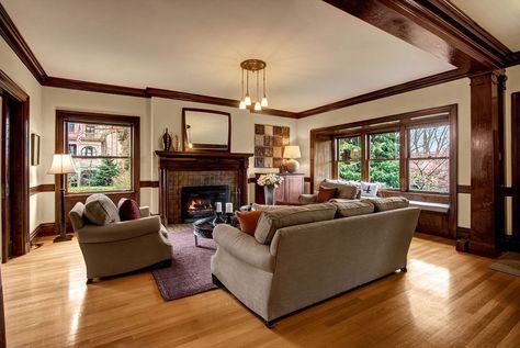 Living Room With Chair Rail, Room With Chair Rail, Wood Floors Living Room, Room With Chair, Dark Wood Floors Living Room, Craftsman Living Rooms, Natural Wood Trim, Dark Wood Trim, Craftsman Living Room