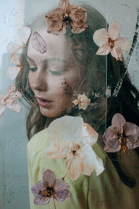 Portrait of young female behind the glass with dried flowers on it by Liliya Rodnikova for Stocksy United Surreal Portrait, Glass Photography, Flower Photoshoot, Behind The Glass, Fairytale Photography, Self Portrait Photography, Art Folder, Creative Portraits, Photography Projects