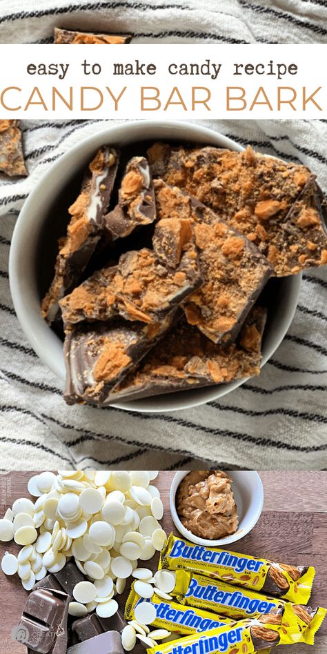 Butterfinger Candy Bark Recipe using 4 ingredients. Easy homemade candy recipe. Homemade holiday gift ideas from the kitchen. Almond bark candy recipes found on Today's Creative Life. Butterfinger Bark Recipe, Butterfinger Bark Cheezits, Bark Candy Recipes, Butterfinger Bark, Almond Bark Candy, Homemade Holiday Gift Ideas, Easy Homemade Candy, Bark Recipes Easy, Candy Bark Recipes