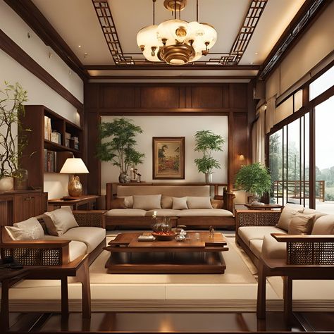 Kerala Style Living Room, Baba Nyonya Interior, Japanese Living Room Ideas, Chinese Homes, Chinese Hotel, Dark Academia Library, Academia Library, Chinese Living Room, Thailand Aesthetic