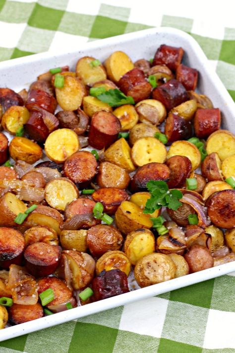 Oven Roasted Sausage And Potatoes, Recipes With Pork Sausage, Oven Roasted Sausage, Sausage Roast, Italian Sausage And Potatoes, Recipes With Pork, Potato Filling Recipe, Roasted Sausage, Ground Beef Breakfast