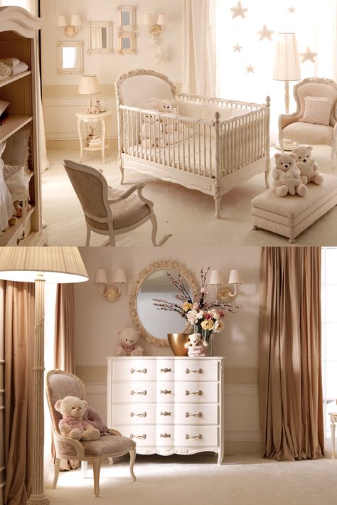 Nursery Luxury, Classic French Nursery, Old Money Nursery Aesthetic, Old Money Aesthetic Nursery, Italian Nursery, French Country Nursery Gender Neutral, Sophisticated Nursery Million Dollar Baby Classic, Royal Baby Nurseries, French Style Interior Design