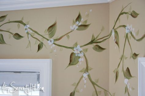 Stencil Walls, Painted Vines, Wall Murals Painted, Vine Wall, Hand Painted Wall Art, Wall Drawing, Hand Painted Walls, Painted Leaves, Window Valance