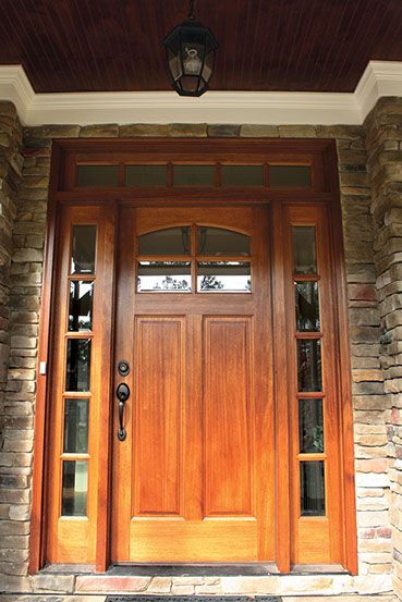 Craftsman Exterior Door, Craftsman Entry, Sliding Garage Doors, Craftsman Front Doors, Door With Sidelights, Entry Door With Sidelights, Single Entry Doors, Porch Design Ideas, Southern Farmhouse