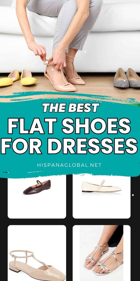 What Flat Shoes To Wear With Dresses And Still Look Chic - Hispana Global Dressy Flats Shoes Winter, Long Sleeve Dress Flats, Cocktail Dress With Flats Outfit, Wedding Guest Dress Flat Shoes, Shoes For Long Dresses Formal, Which Shoes To Wear With Dresses, Flats With Dresses, Midi Dress With Flats, Dress With Flats Outfit Classy