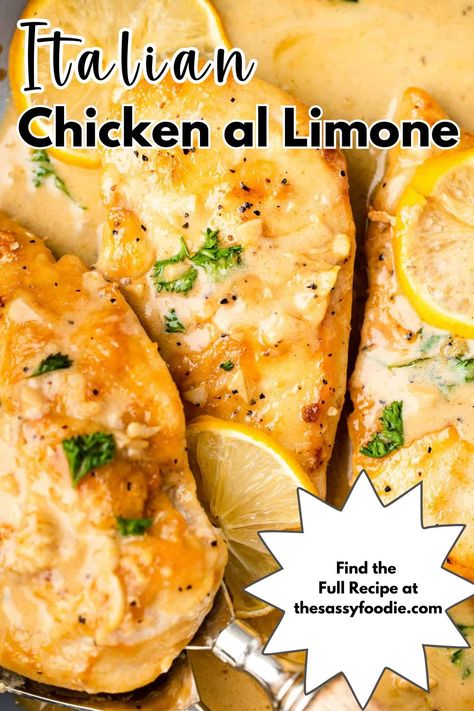 This Italian chicken al limone, or chicken in a delicious lemon cream sauce, is the perfect 30-minute meal for any day of the week! All you need are a few simple pantry ingredients to bring this easy lemon chicken recipe together. The best part? This comfort food recipe comes together in just one pan with very minimal effort - it's an easy recipe that your whole family will love! Limoncello Chicken Recipe, Italian Main Dishes Chicken, Italian Lemon Chicken Recipes, Parmesan Lemon Chicken, Italian Lemon Chicken, Easy Italian Chicken Recipes, Lemon Cream Sauce For Chicken, Lemon Chicken Recipes, Chicken Limone Recipe