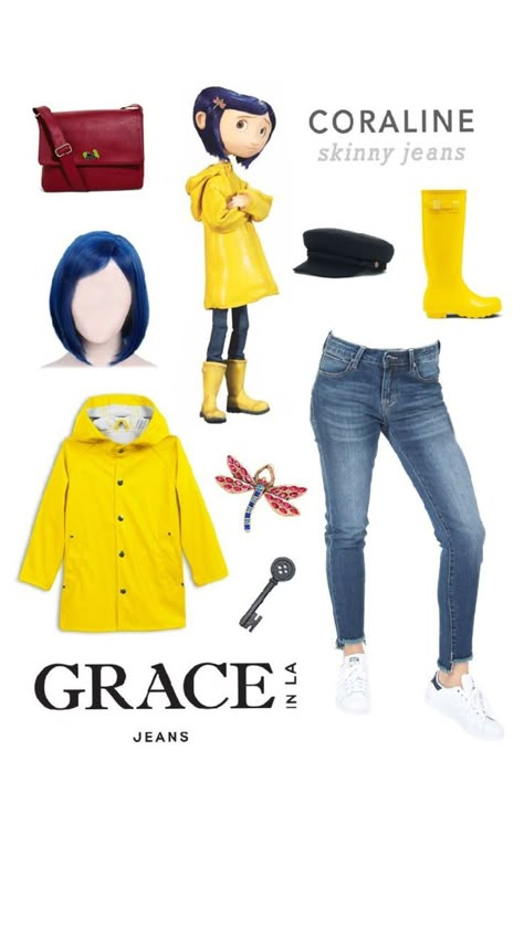 Costumes With Jeans Halloween, Caroline Halloween Costume, Coraline Costume Diy, Yellow Costume Ideas, Halloween Costumes Coraline, Coraline Raincoat, Halloween Costumes Teenage Girl Solo, Coraline Outfit, Coraline Halloween Costume