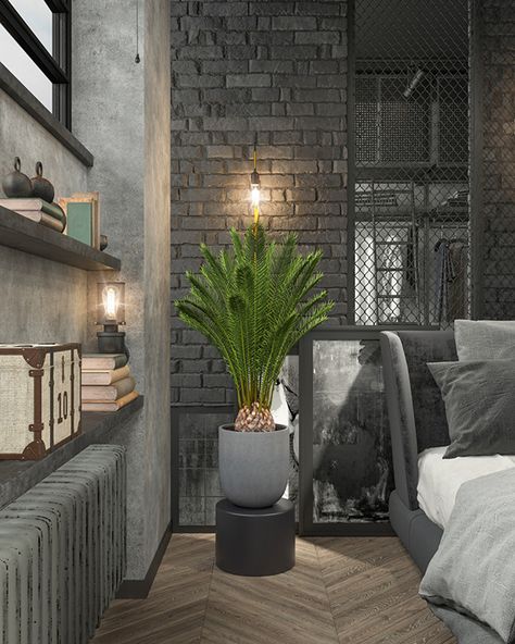 Modern Loft Bedroom, Industrial Bedroom Design, Loft Inspiration, Ideas Habitaciones, Industrial Bedroom, Industrial Interior Design, Brick Walls, Modern Loft, Bedroom Loft