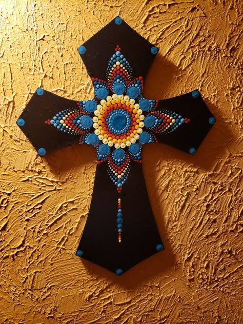 Cross Dot Art, Dot Painting Crosses, Dot Painted Crosses, Cross Dot Painting, Shrine Art, Painted Wooden Crosses, Burlap Cross, Hand Painted Crosses, Mandala Cross