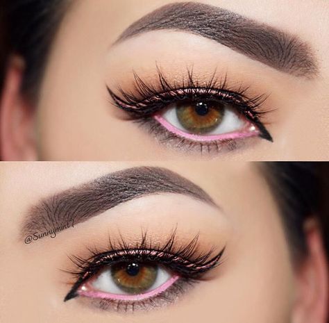 Pink water line Liner For Hooded Eyes, Glitter Eyeliner Makeup, No Make Up Make Up Look, Pink Eyeliner, Pretty Eye Makeup, Formal Hairstyles For Long Hair, Glitter Liner, Glitter Eyeliner, Beauty Hair Makeup