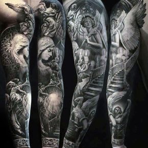 Stairway To Heaven Mens Unique Angel Full Sleeve Tattoo Angel Sleeve Tattoo, Baroque Tattoo, Heaven Tattoos, Polynesian Tattoos, Full Sleeve Tattoo Design, Angel Tattoo Designs, Religious Tattoos, Geniale Tattoos, Shoulder Tattoos