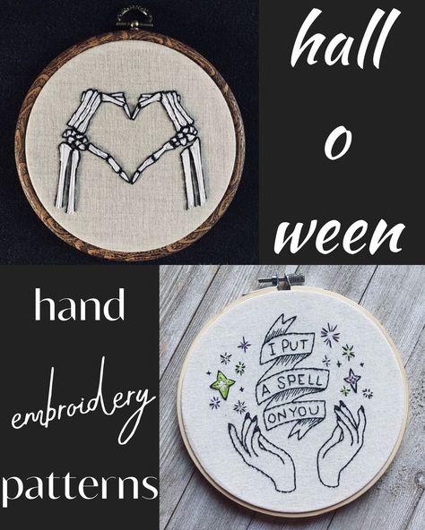 Spooky Hand Embroidery, Skeleton Embroidery Pattern Free, Skull Embroidery Pattern Free, Spooky Embroidery Patterns Free, Spooky Sewing Patterns, Free Halloween Embroidery Patterns, Goth Embroidery Patterns Free, Simple Halloween Embroidery, Embroidery Designs Halloween