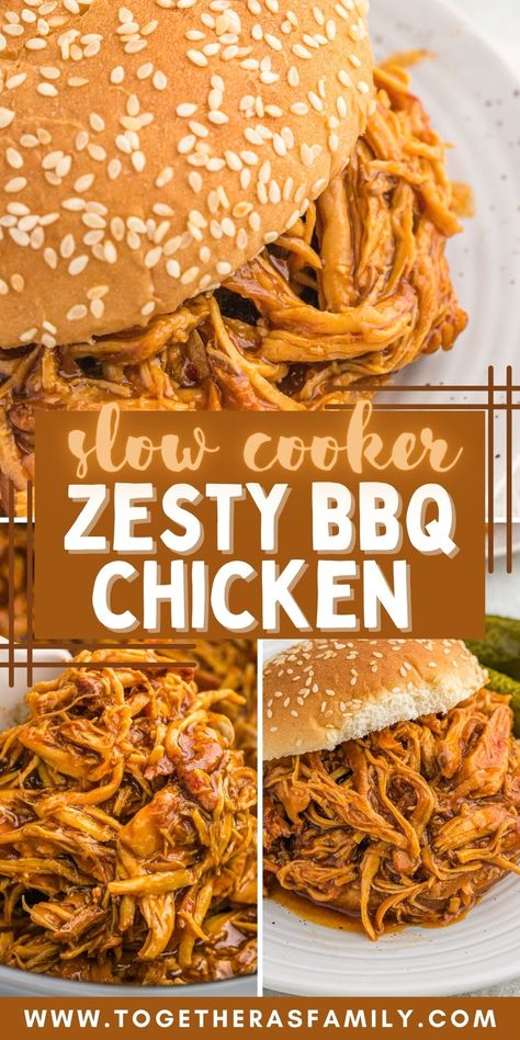 Zesty BBQ Chicken is a dump & go slow cooker dinner! Chicken cooks in a simple 4 ingredients zesty bbq sauce until it's fall apart tender. Serve inside hamburger buns for a bbq shredded chicken sandwich. Perfect family favorite dinner idea for a busy weeknight or when you don't want to turn the oven on. Shredded Chicken On A Bun, Zesty Bbq Chicken Crockpot, Shredded Chicken Sandwiches, Shredded Bbq Chicken, Slow Cooker Dinner Recipes, Pot Food, Crockpot Ideas, Fast Dinner, Pot Dinners