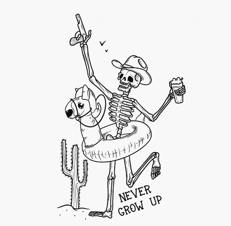 Vacation Skeleton Tattoo, Western Skeleton Drawing, Cowboy Skeleton Tattoo Simple, Funky Skeleton Tattoo, Halloween Skeleton Tattoo, Skeleton Cowboy Hat Tattoo, Dancing Cowboy Skeleton Tattoo, Western Cowboy Skeleton Tattoo, Funny Western Tattoos