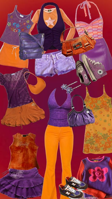 #purple #orange #purpleandorange #outfit #clothing #clothes #fashion Orange And Purple Outfit Aesthetic, Colourful 2000s Outfit, 2000s Colorful Outfits, Orange And Silver Outfit, Blue And Orange Aesthetic Outfit, Purple 70s Outfit, Party Outfit Women Over 40, Orange Y2k Outfit, Blue And Orange Outfit Ideas