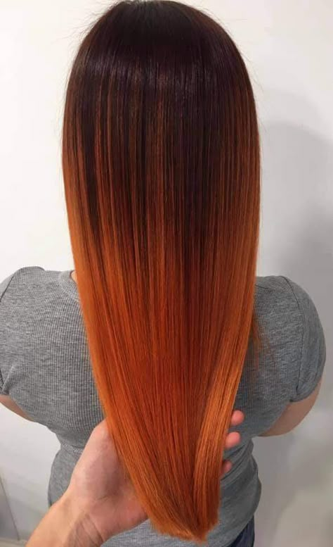 Dark Roots Orange Hair Balayage, Rooted Copper Hair, Copper Balayage Straight Hair, Orange Hair Balayage, Brown To Orange Hair, Orange Hair Colors, Orange Copper Hair, Red Hair Updo, Orange Ombre Hair