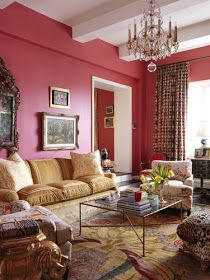 Chinoiserie Chic: Velvet and Chinoiserie Pink Living Room Walls, Coral Room, Hot Pink Walls, Mint Green Walls, Colorful Apartment, Pink Living Room, Chinoiserie Chic, Pink Room, Pink Walls