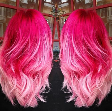 Hot Pink/Baby Pink Ombre Hair ♡ Hot Pink Hair Ombre, Hot Pink Balayage, Valentines Hair Color, Red To Pink Ombre Hair, Two Tone Pink Hair, Hot Pink Hair With Dark Roots, Neon Pink Ombre Hair, Hot Pink Baylage Hair, Dark Pink Roots Light Pink Hair