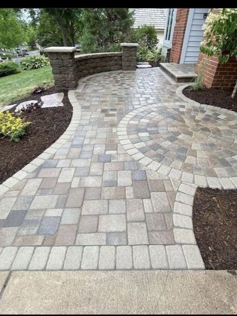 Paver Patio Ideas Front Yard, Unique Outdoor Fireplace Ideas, Permeable Pavers Walkways, Frontyard Courtyard Ideas, Paver Sidewalk Ideas, Stone Walkways To Front Door, Front Yard Walkway Ideas, Yard Walkway Ideas, Walkway Design Ideas