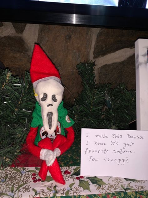 Elf on the Shelf- Halloween style! Creepy Elf On The Shelf, Elf On The Shelf Nightmare Before Christmas, Halloween Elf On The Shelf, Scream Mask, Scared Of The Dark, Creepy Ghost, Elf Fun, Halloween Style, Elf Ideas