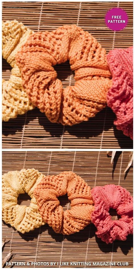 12 Free Knitted Scrunchie Patterns. Free Easiest Gorgeous Knitted Scrunchie Patterns curated by The Knit Crew. Scrunchie Knitting Pattern, Knitted Scrunchies Free Pattern, Knit Scrunchie Pattern, Knitted Scrunchies, Cotton Yarn Patterns, Knit Scrunchie, Knit Ideas, Knitted Headband, Knitting Magazine