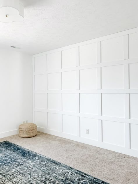 Gorgeous board & batten wall in our craft room! Loving the design of this wall. #boardandbatten Life On Virginia Street, Batten Wall, Board Batten, Best White Paint, Young House Love, Accent Wall Bedroom, Bedroom Accent, Board And Batten, White Paneling