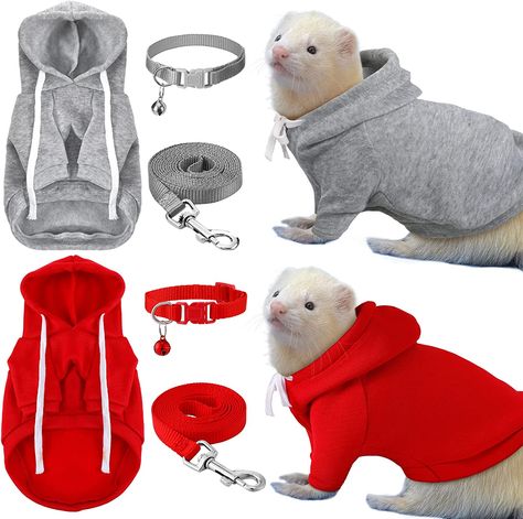 You will receive 6 pieces of ferret accessories in grey and red. These accessories, harness and leash sets are easy to put on and take off, suitable for a variety of animals, such as hamsters, chinchillas, teacup chihuahuas, cats, mice and other types of small animals. Clothes measure about 8.5x5.5 inches, harness and leash set measures about 48 inches long, you can adjust the proper length to fit your pet. Our ferret collars are designed with bells; equipped with buckles that are easy release. Ferret Harness, Ferret Leash, Ferret Collar, Rat Harness, Ferret Harness And Leash, Ferret Accessories, Ferret Supplies, Ferret Clothes, Ferret On A Leash