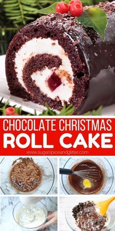 How to make a simple Chocolate Cake Roll for Christmas. Chocolate Swiss Rolls are a fun alternative to traditional yule log cakes Christmas Cake Roll, Cream Cheese Whipped Cream, Chocolate Swiss Roll, Chocolate Roll Cake, Yule Log Cake, Dessert Parfait, Cake Roll Recipes, Log Cake, Chocolate Roll