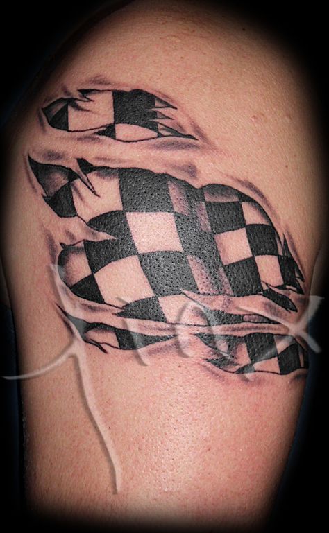 Checkered flag tear out tattoo Rockabilly Tattoos, Hot Rod Tattoo, Shin Tattoo, Racing Tattoos, Flame Tattoos, Flag Tattoo, Car Tattoos, Family Tattoos, Cover Up Tattoos