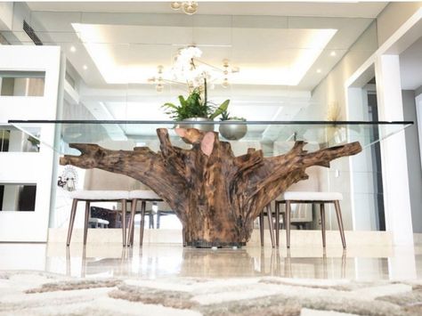 Driftwood Dining Table, Glass Wood Table, Wood Log Crafts, Rustic Furniture Design, Trim Carpentry, Driftwood Table, Wood Carving Furniture, Unique Dining Tables, Wood Tv Console