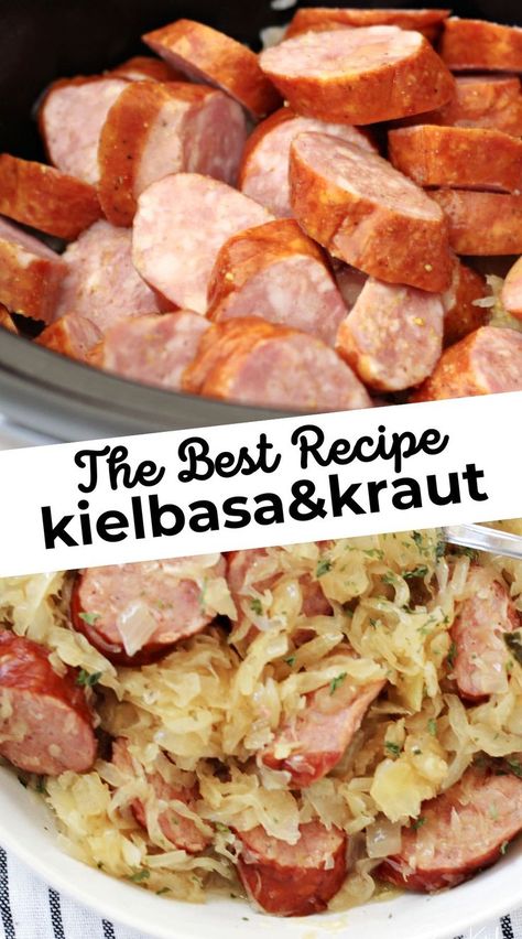 Kielbasa in a pan in one photo, finished kielbasa and kraut in the other photo, ready to eat. Polish Keilbasa Recipes Crock Pots, Pork Kielbasa And Sauerkraut, Sauerkraut Kielbasa Crockpot, Ww Kielbasa Recipes, Polska Kielbasa And Sauerkraut, Keilbasa And Sauerkraut Recipes Easy, Sauerkraut And Kielbasa Crockpot, Kolbassi And Sauerkraut, Slow Cooker Candied Kielbasa Cooktop Cove