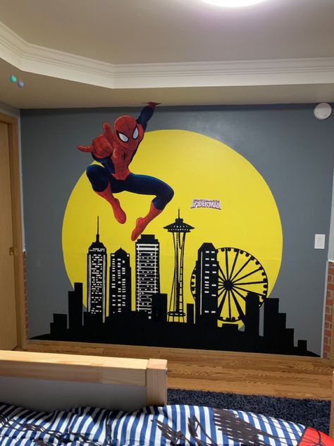 Spider Man Mural, Spider Man Wall Painting Ideas, Spiderman Mural, Spider Man Painting, Superhero Room Decor, Spiderman Painting, Spiderman Room, Man Bedroom, Marvel Paintings