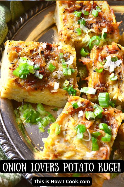 A great potato kugel for onion lovers. Almost like a knish, this Jewish potato kugel is so good! #potatokugelrecipepassover #potatokugeljewish #potato kugel Gluten Free Potato Kugel, Kinish Recipe Potato, Kinish Recipe, Potato Kugel Recipe, Vegan Passover, Baked Pork Ribs, Potato Kugel, Jewish Cuisine, Passover Seder