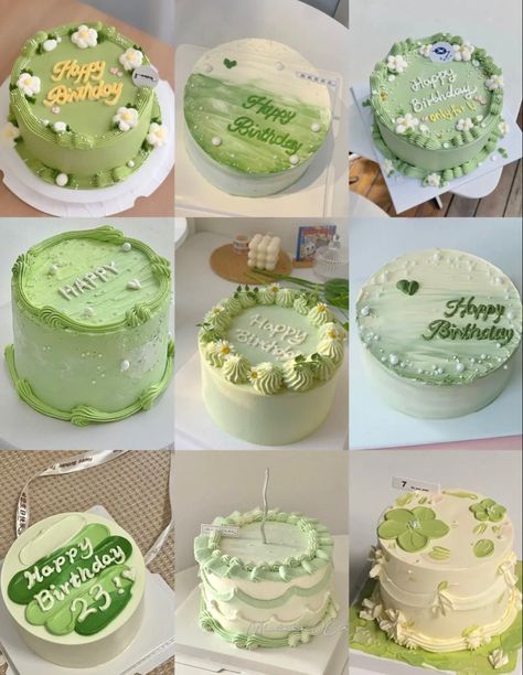 Matcha Buttercream Cake, Matcha Cake Design, Korean Cake Green, Green Bento Cake, Green Birthday Cake Ideas, Green Cake Aesthetic, Pastel Green Cake, Matcha Birthday Cake, Green Bday Cake