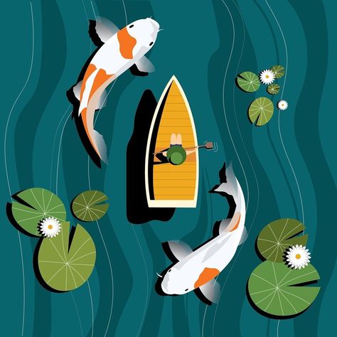 A vector illustration created on illustrator of the top view of a woman on a boat paddling out. She is surrounded by 2 larger than life koi fish circling her Amoung the lily pads and flowers in the lake. Boat Vector Illustration, Lily Pads Illustration, Boat Top View, Yin Yang Chinese, Koi Fish Illustration, Top View Illustration, Pond Drawing, Boat Vector, Boat Illustration